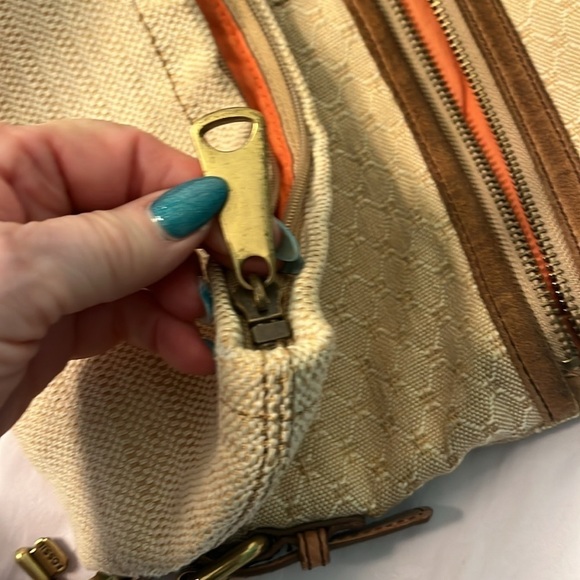 Fossil Explorer Bag Foldover Flap Canvas & Leather Zip Top Magnetic Closure - Picture 11 of 12